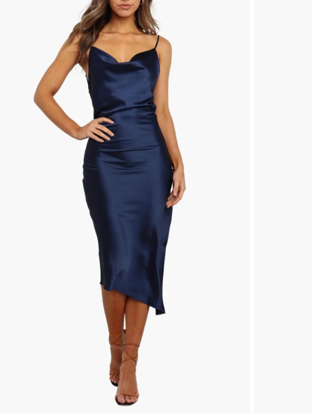 Petal & Pup Cyprus Navy Blue Satin Cowl Neck Midi Slip Dress Med 6 Cocktail Form
